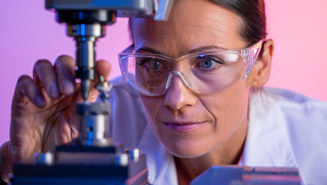 Forscherin mit Schutzbrille bei präzisen Experimenten im Labor, Nahaufnahme, konzentriert und technologieorientiert.