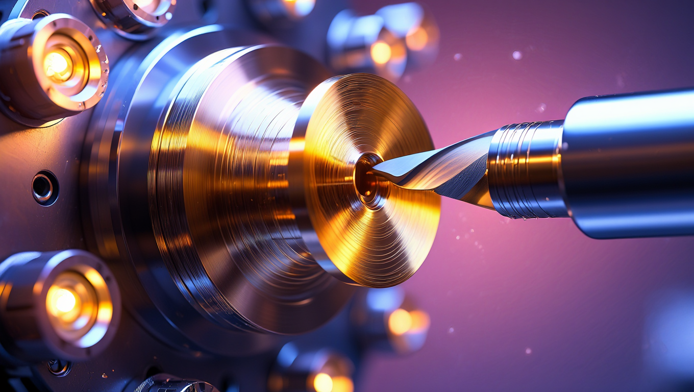 CNC-Maschine beim Präzisionsdrehen von Metall, Nahaufnahme mit glänzendem Werkstück und Fräskopf.