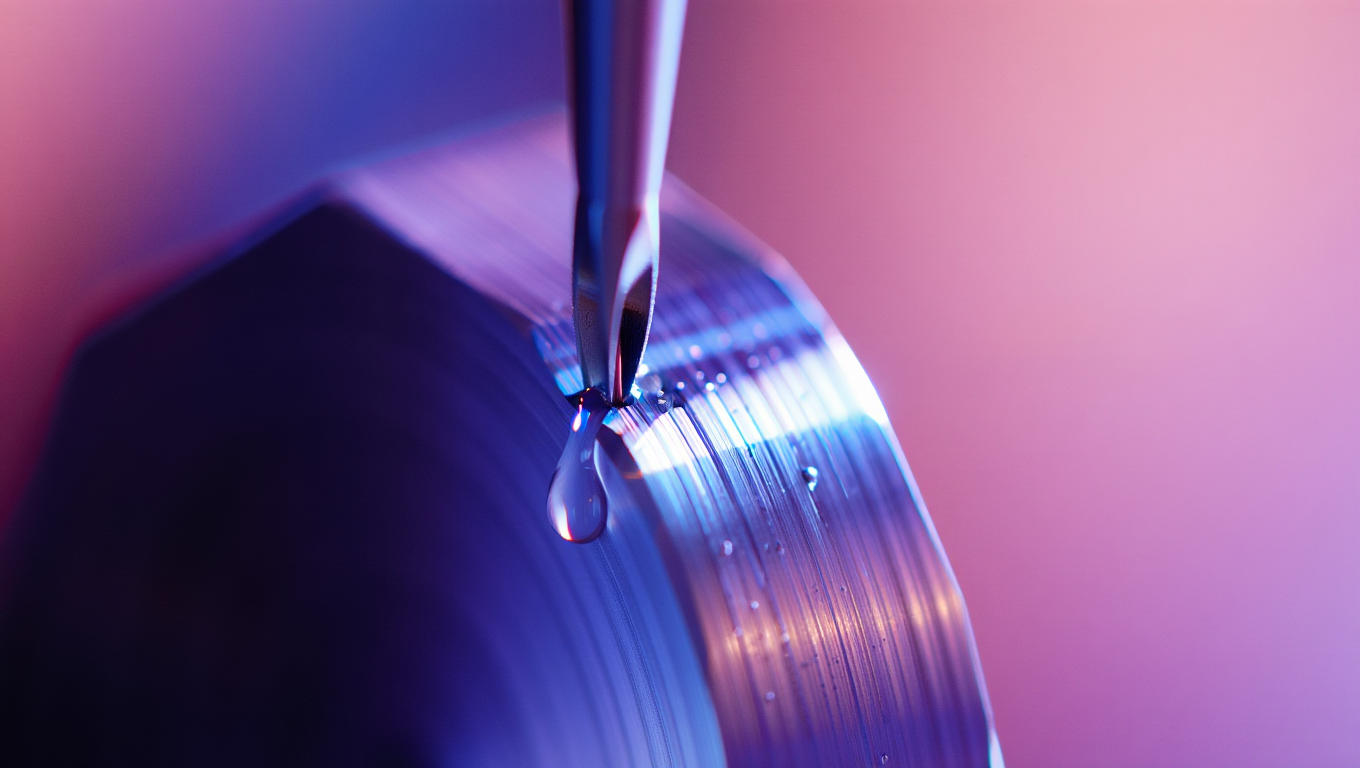 Nahaufnahme: Tropfen fällt von einem Metallobjekt in neonblauem Licht.