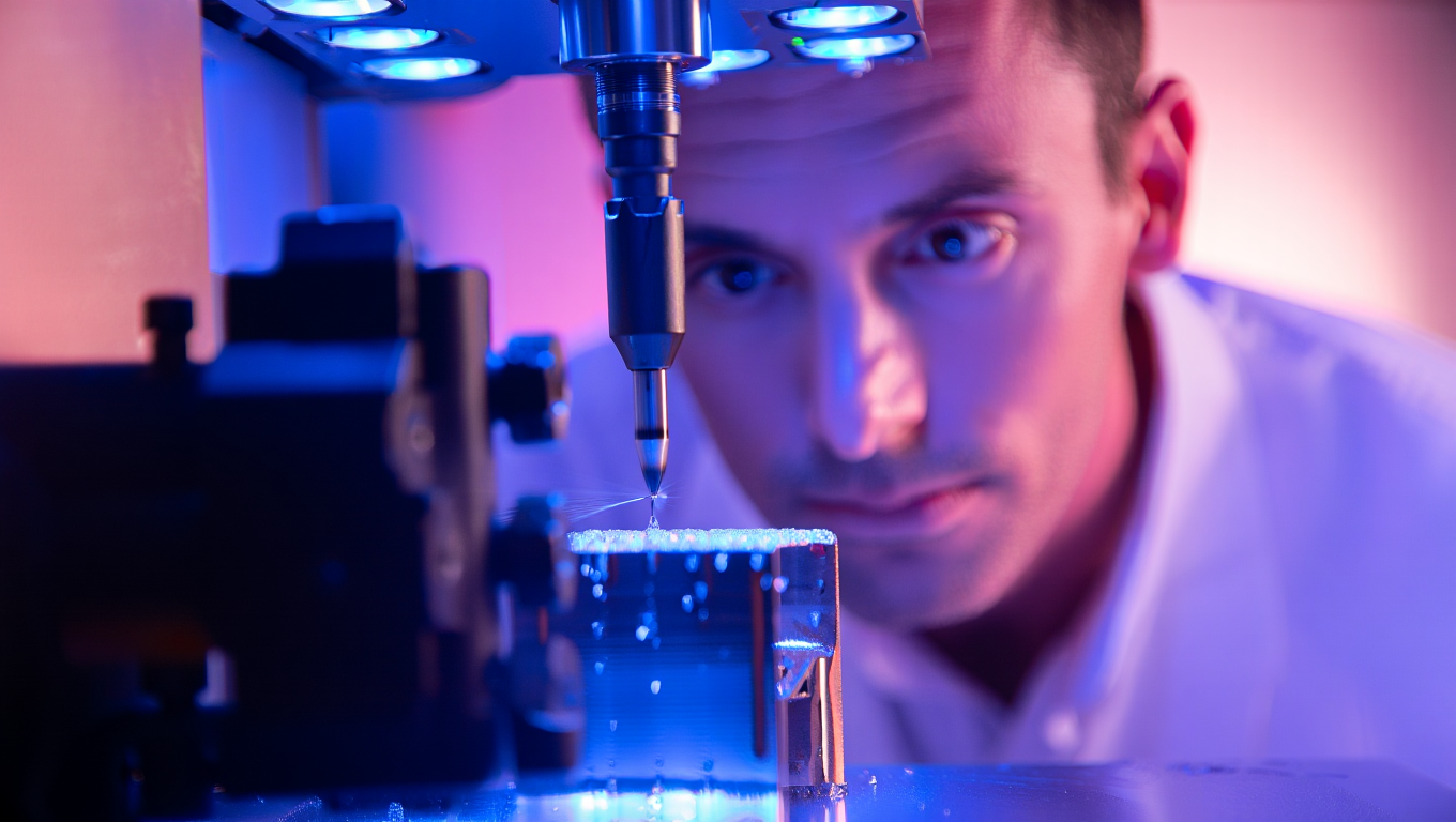 Mann überwacht präzise Maschinenbearbeitung, Technologie und Innovation im modernen Produktionsprozess.