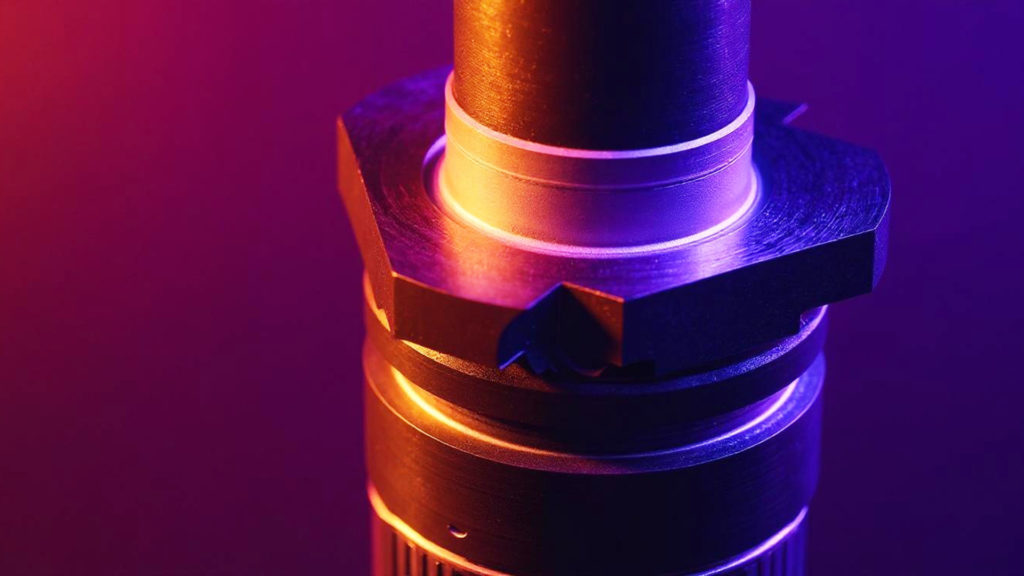 Nahaufnahme eines hochmodernen Maschinenteils beleuchtet in lila und blauen Tönen