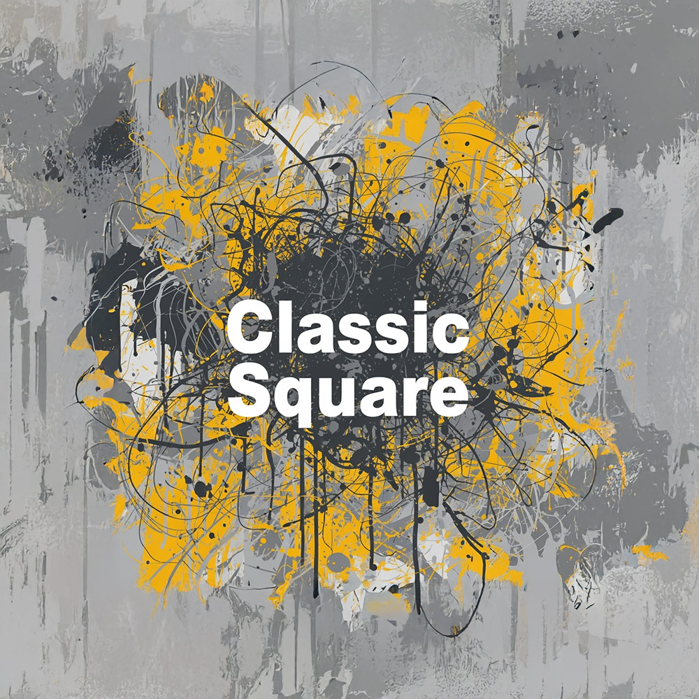 Abstraktes Kunstwerk mit gelben und schwarzen Farbspritzern auf grauem Hintergrund