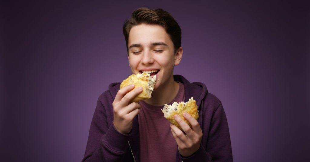 Jugendlicher in einem lila Pullover, der lächelnd ein Brötchen isst